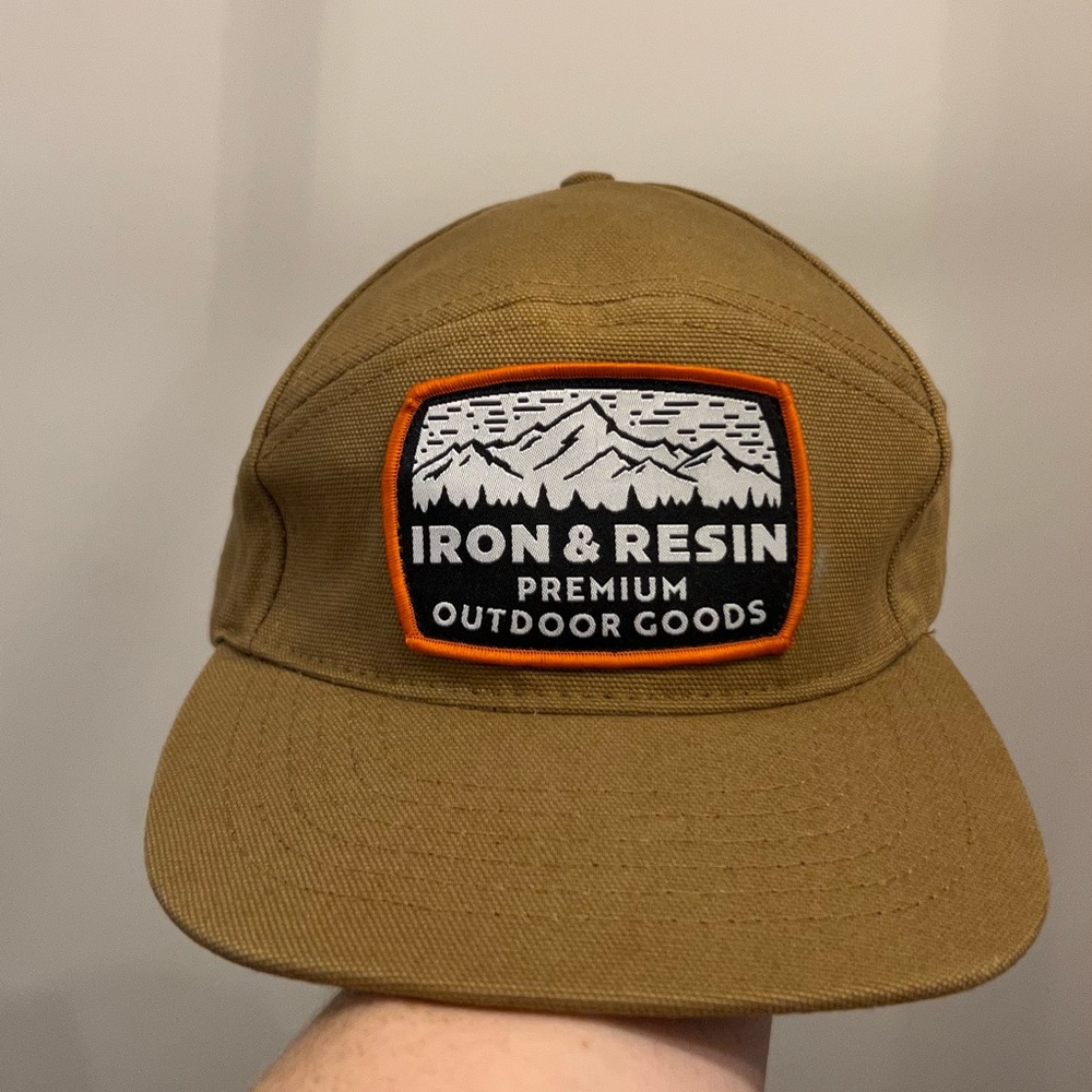 Outdoorsy hate, OS, brown with patch on front, leather adjustable strap
